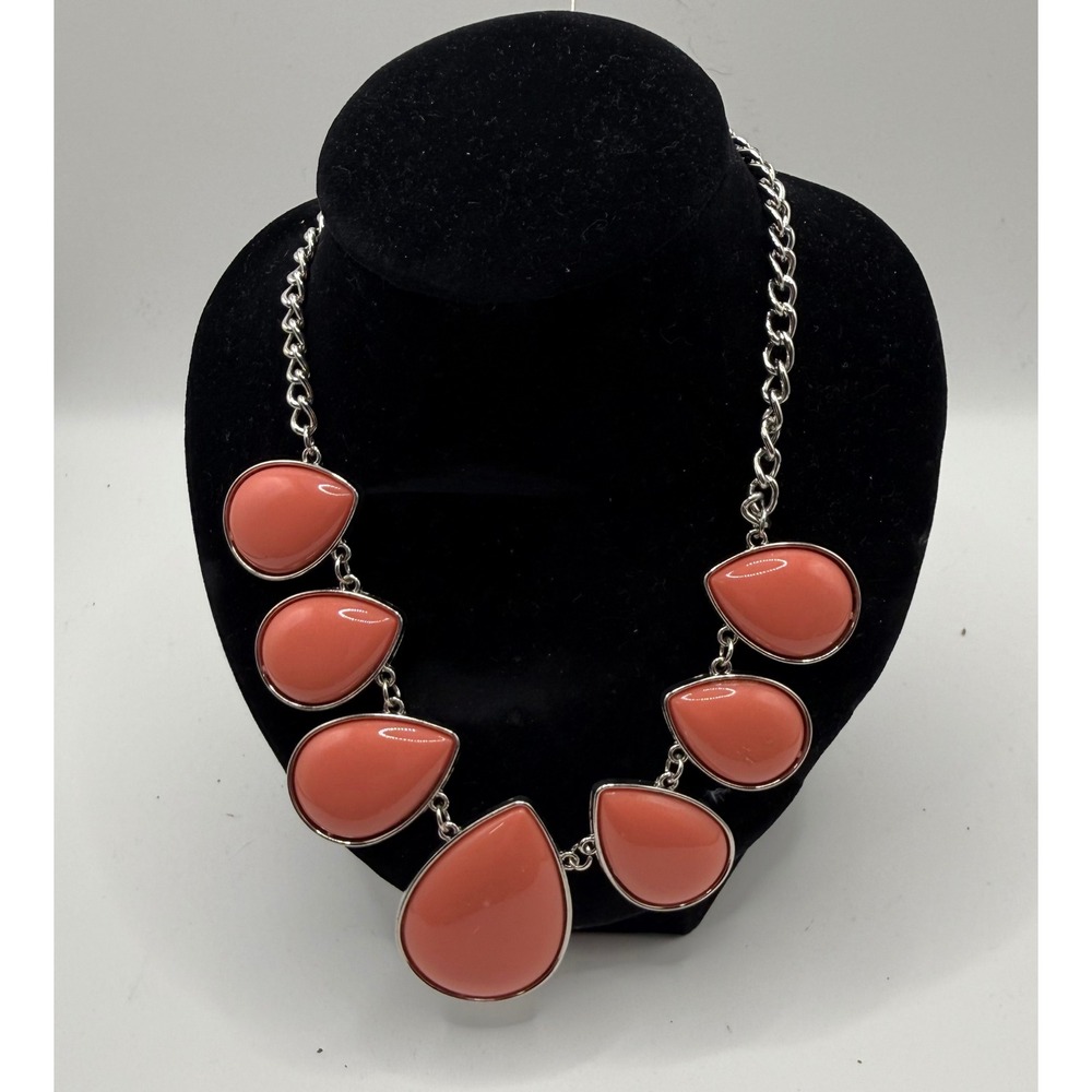 Coral Pink Teardrop Bib Necklace Silver Tone Statement Curb Chain Adjustable